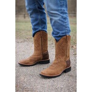 Size 14 Justin Boots Men’s Brown Leather Western Cowboy Boots Embroidered Square